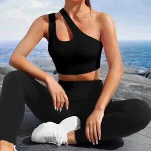 One Shoulder Cut Out Crop Sports Bra athleisure active Black
